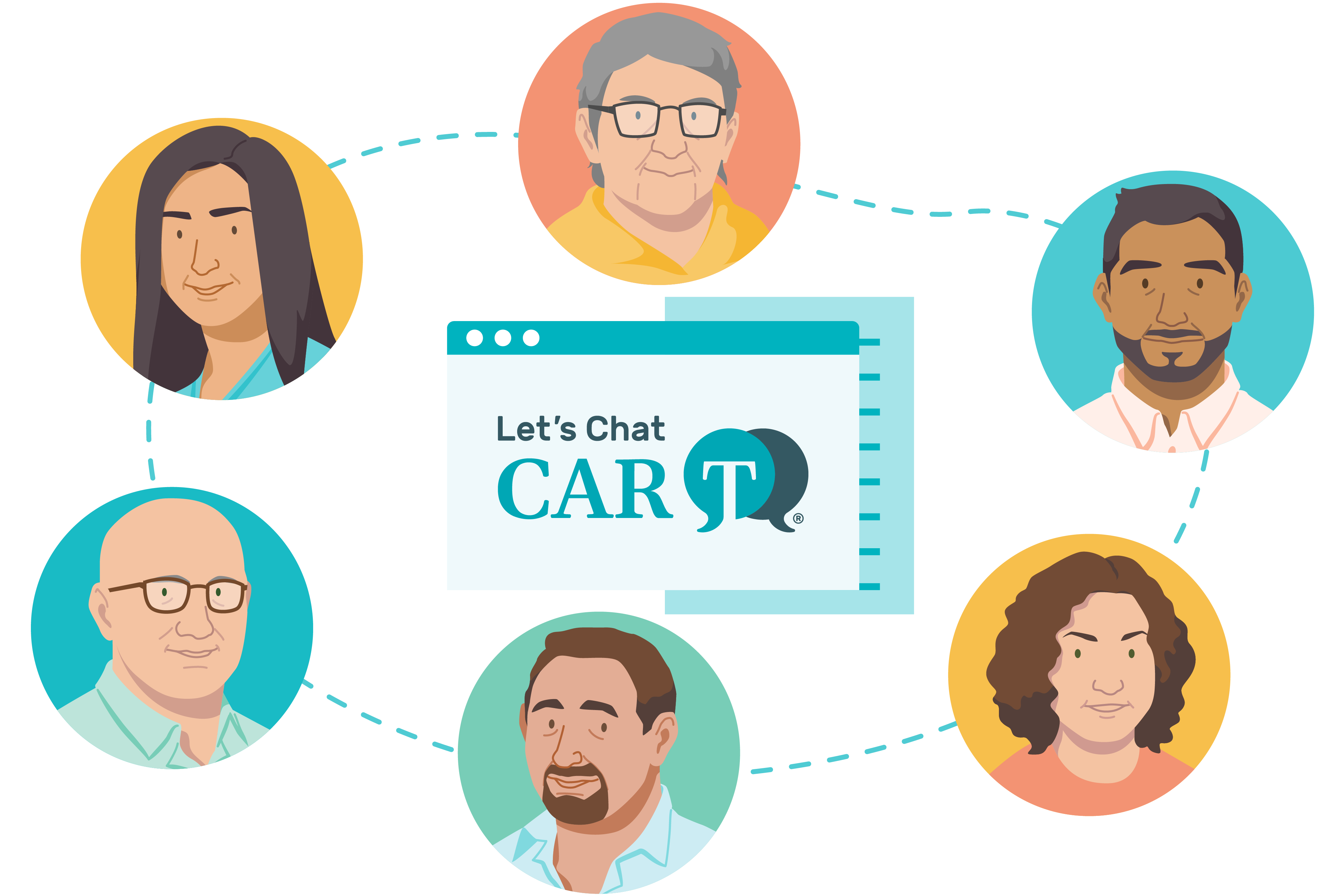 Illustration of different types of people collaborating to make Let’s Chat CAR T resources.