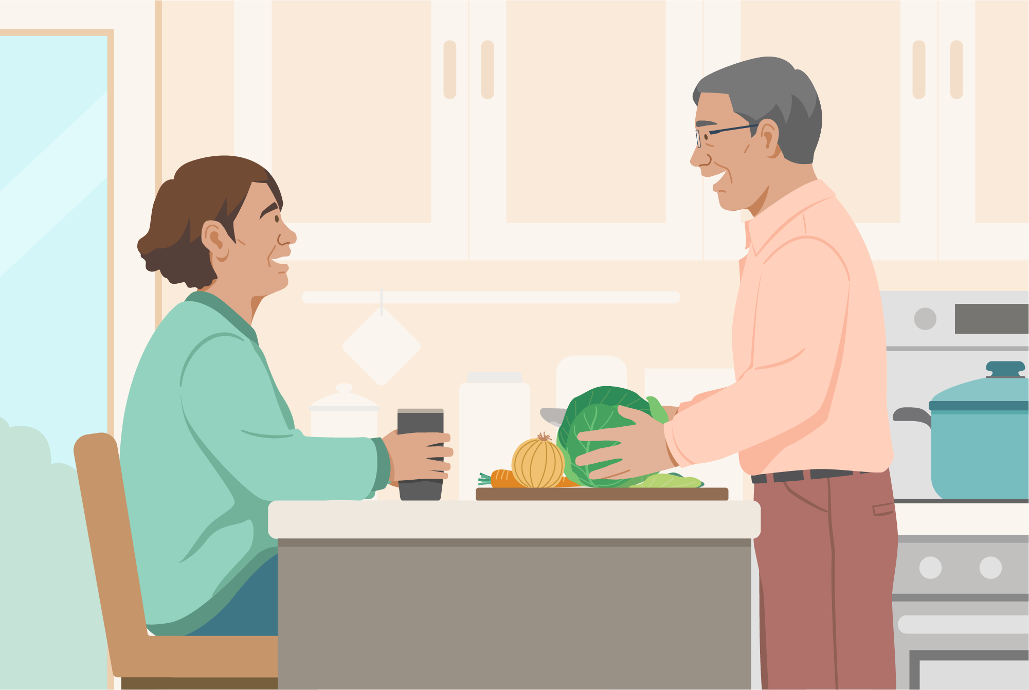 Illustration of caregiver supporting a patient after CAR T treatment.